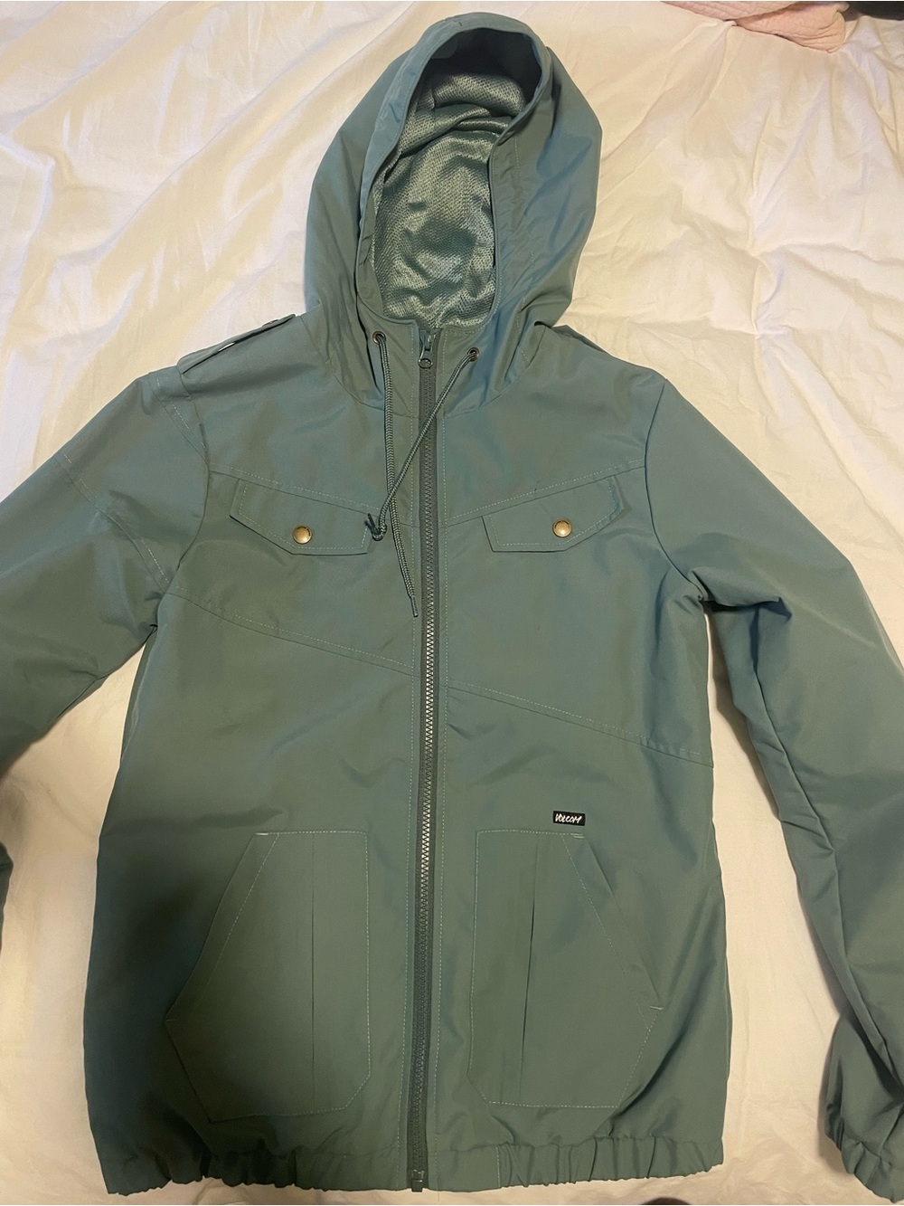 Volcom women’s small or youth lg rain jacket light olive green
